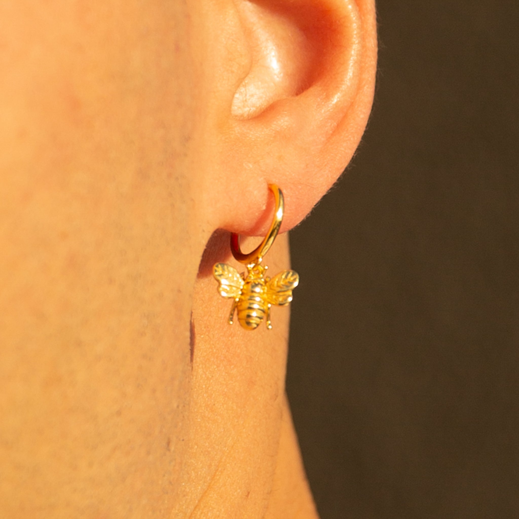 Tiny Gold Bumble Bee Dangle Drop Animal Charm Dainty Bee Hoop Earrings by Doviana