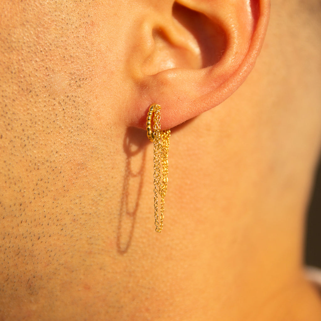 Chain Tassel Huggie Earrings Drop Dangle Gold Silver Hoops by Doviana