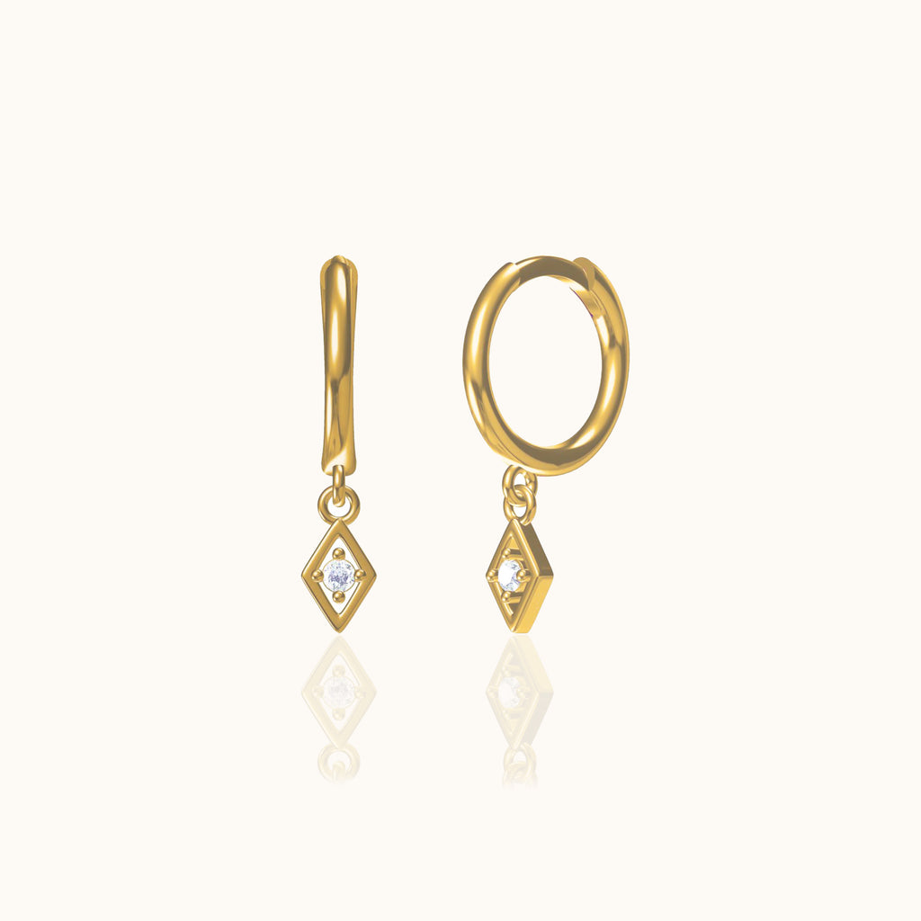 Bezel Drop CZ Earrings 18K Gold Plated White Zirconia Charm Drop Dangling Huggie Hoops by Doviana