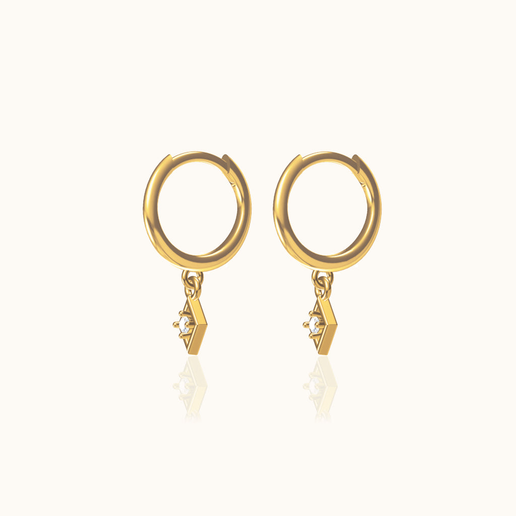 Bezel Drop CZ Earrings 18K Gold Plated White Zirconia Charm Drop Dangling Huggie Hoops by Doviana
