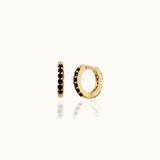 Gold Hoops with Black Stones Dainty Gem Black Zircon Huggie Earrings by Doviana