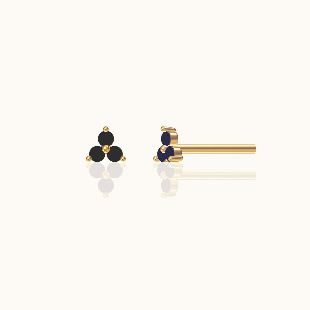 Black CZ Trefoil Stud Earrings 18K Gold Plated Triple Cubic Zirconia Tragus Cartilage Piercing Studs by Doviana