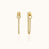 CZ Bar Chain Earrings Gold Bead Vertical Bar Bezel CZ Dangling Chain Front/Back Studs by Doviana