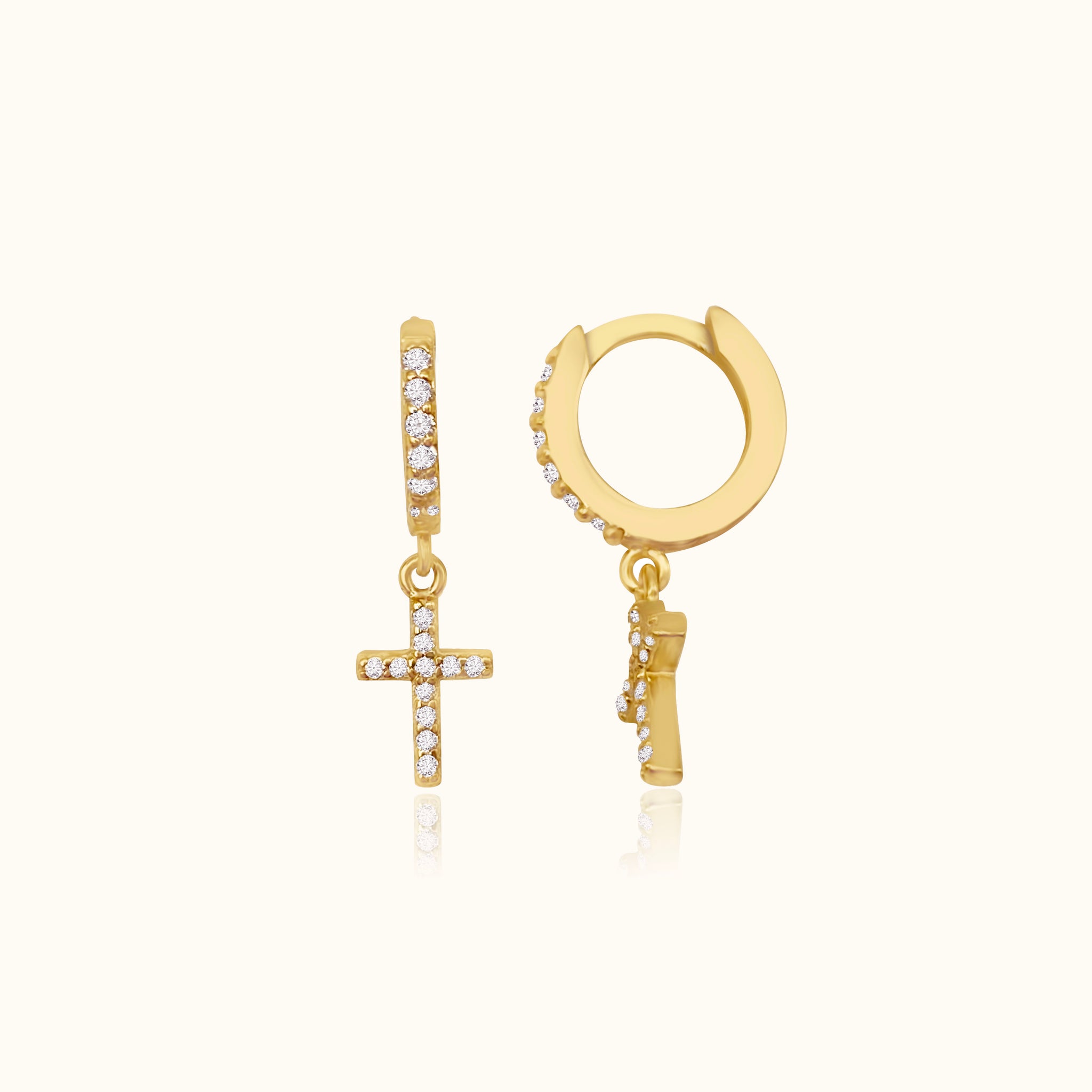 Diamond Cross Hoop Earrings Gold Hanging Studded Tiny CZ Pave Cross Huggie Hoops by Doviana