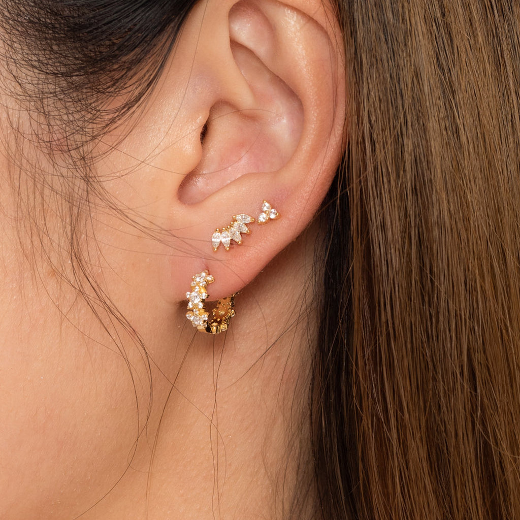 Crystal Trefoil Studs Earrings 18K Gold Plated Triple Cubic Zirconia Cartilage Piercing by Doviana
