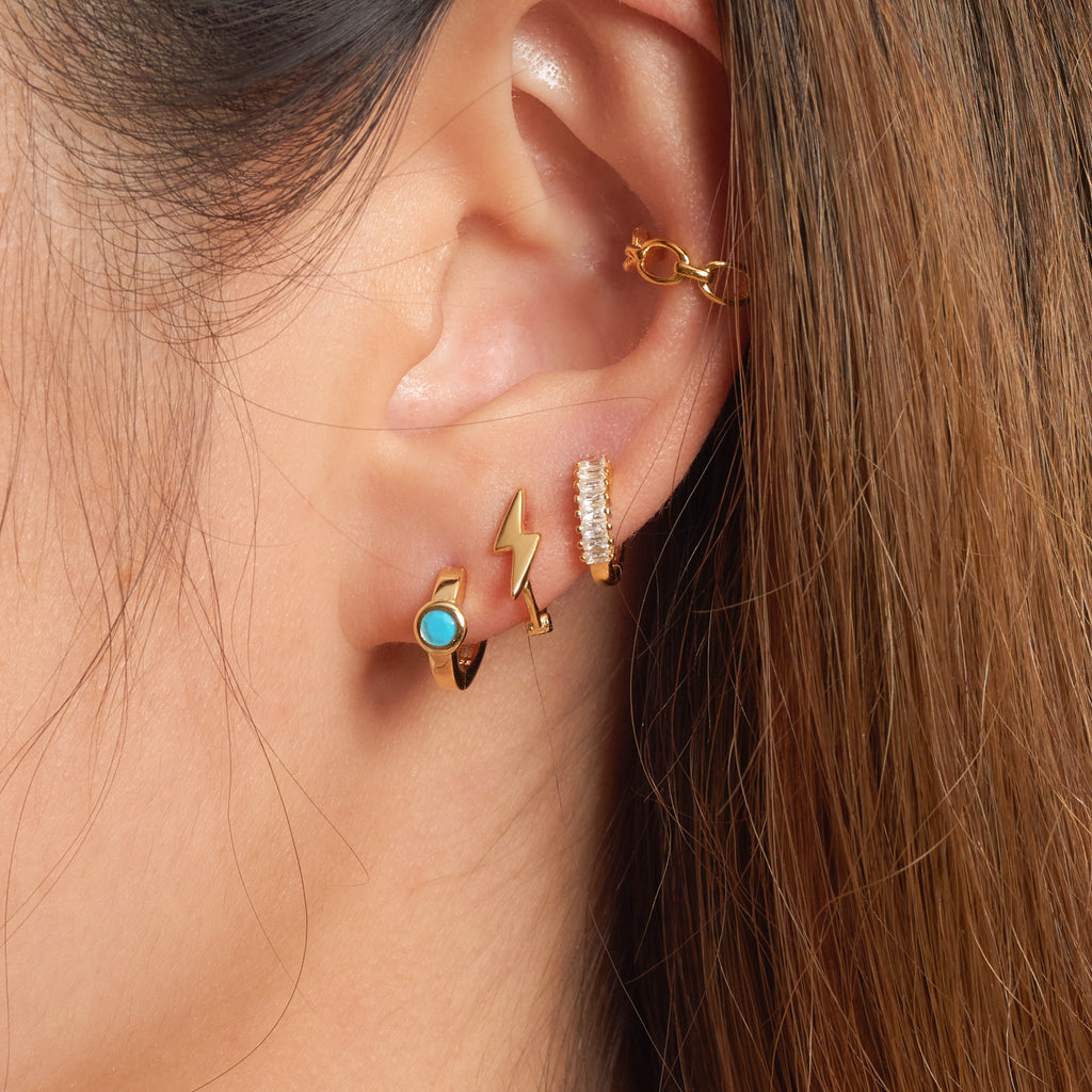 Cyan Aqua Petite Gold Boho Huggie Blue Round Turquoise Hoop Earrings by Doviana