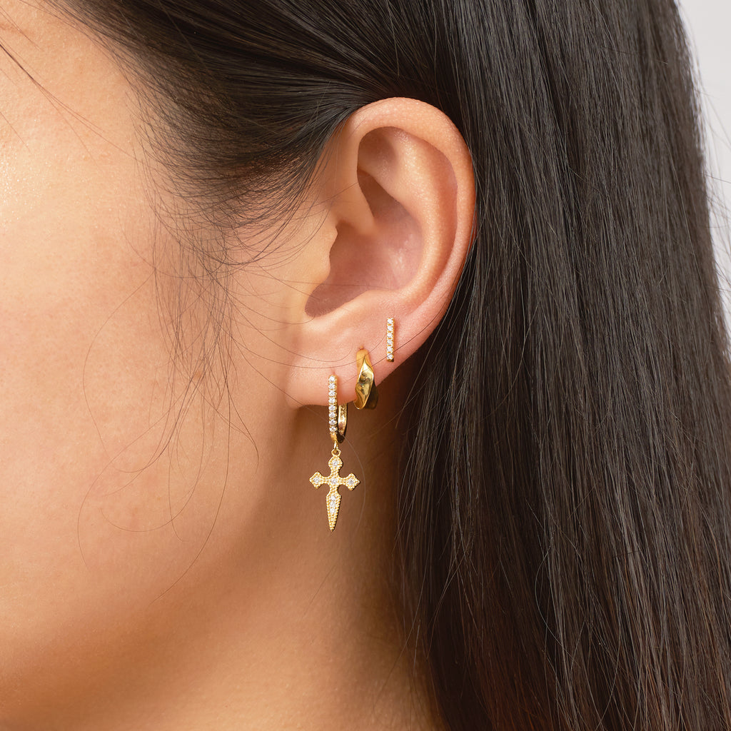 Cross CZ Gothic Latch Back Earrings Gold Hanging Studded Cross Huggie Hoops by Doviana