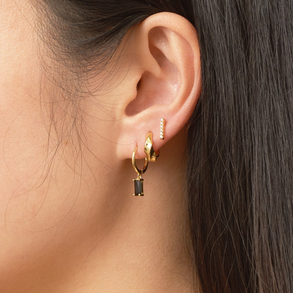 Gem Black CZ Dangle Hoop Earrings Emerald Cut Gemstone Drop Gold Huggie Hoops by Doviana