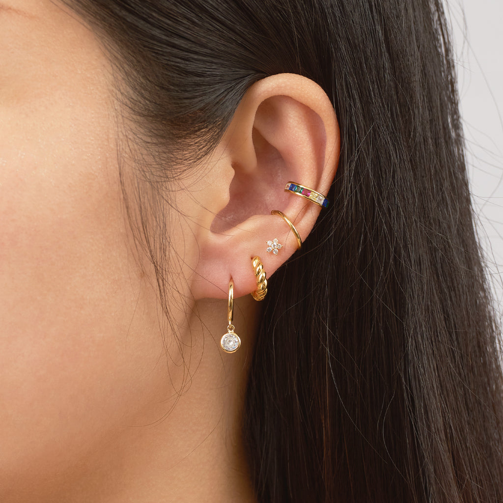 Tiny CZ Bezel Drop Earrings Gold Round Crystal Dangle Charm Huggie Hoops by Doviana