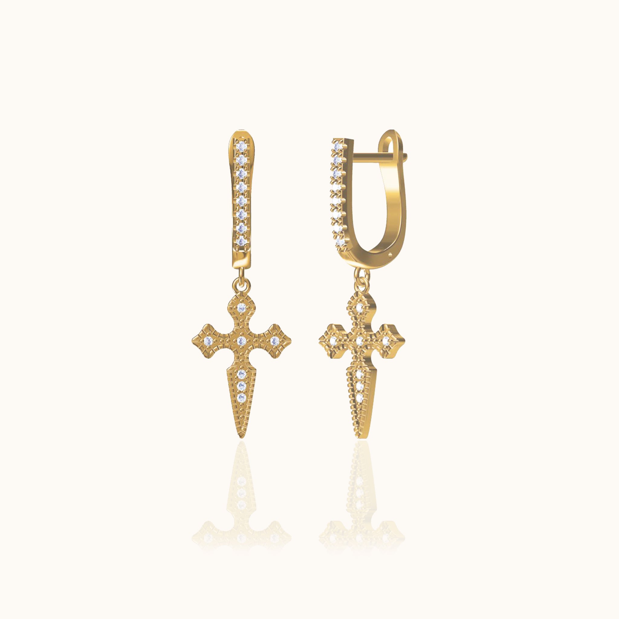 Cross CZ Gothic Latch Back Earrings Gold Hanging Studded Cross Huggie Hoops by Doviana