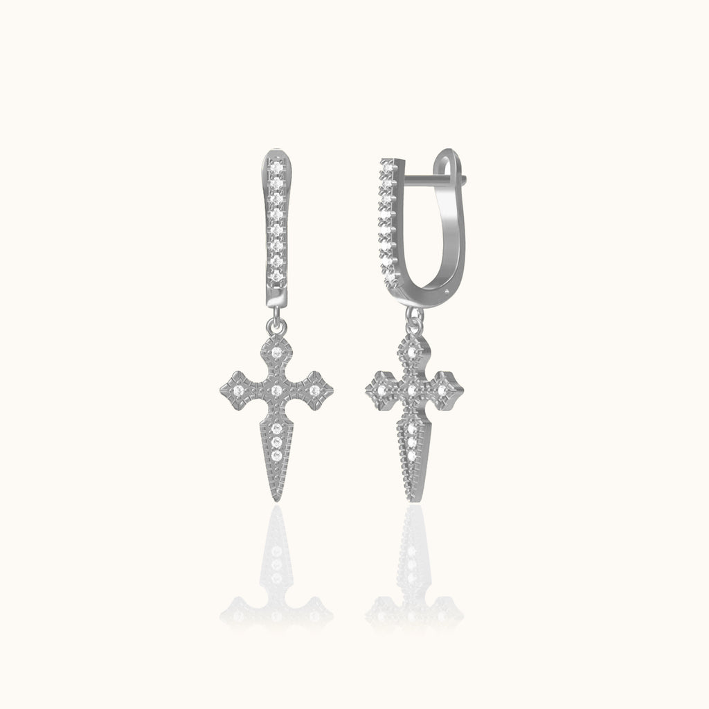 Cross CZ Gothic Latch Back Earrings 925 Sterling Silver Hanging Studded Cross Huggie Hoops by Doviana