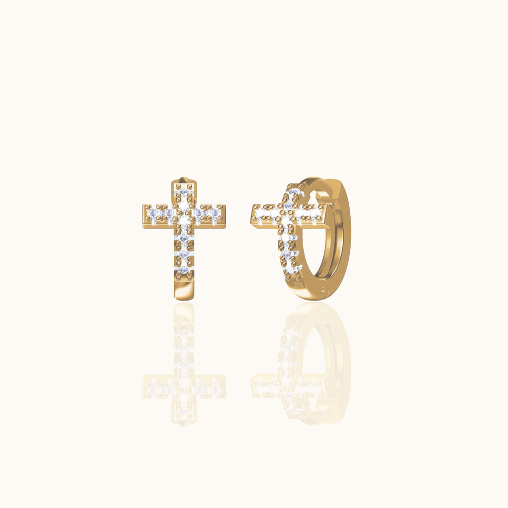 Cross CZ Huggie Hoop Earrings Gold CZ Pave Tiny Petite Studded Cross Hoops by Doviana