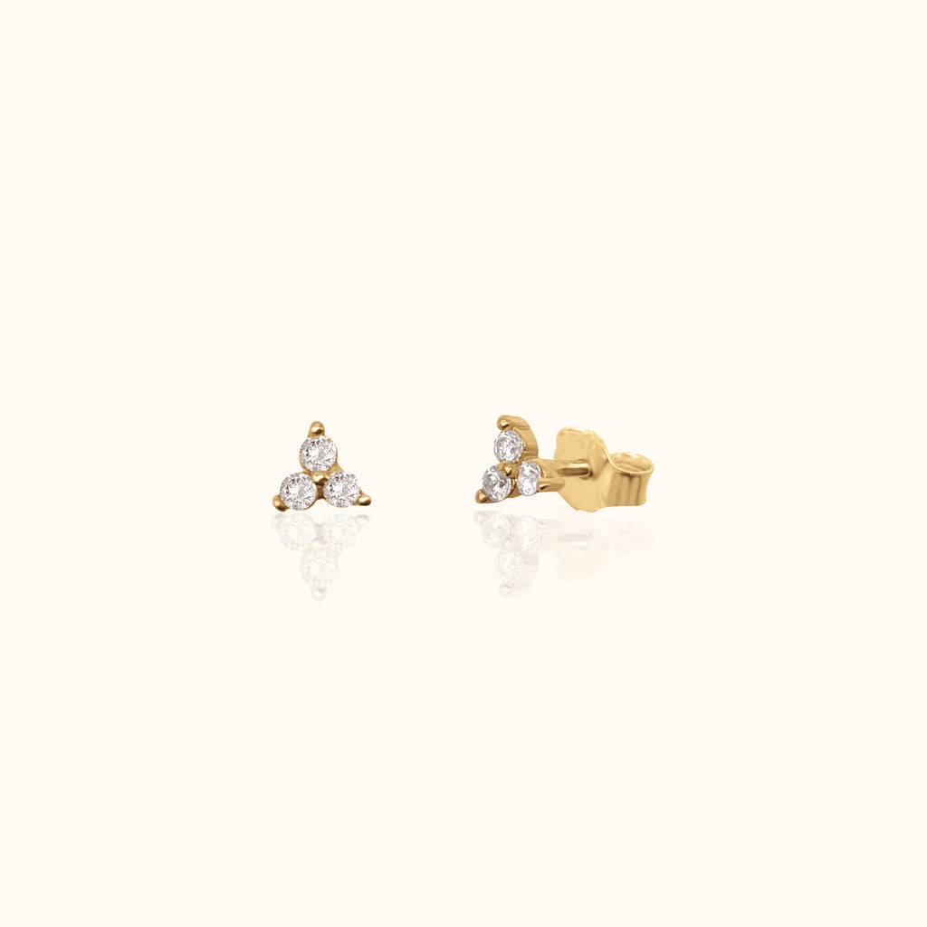 Crystal Trefoil Studs Earrings 18K Gold Plated Triple Cubic Zirconia Cartilage Piercing by Doviana