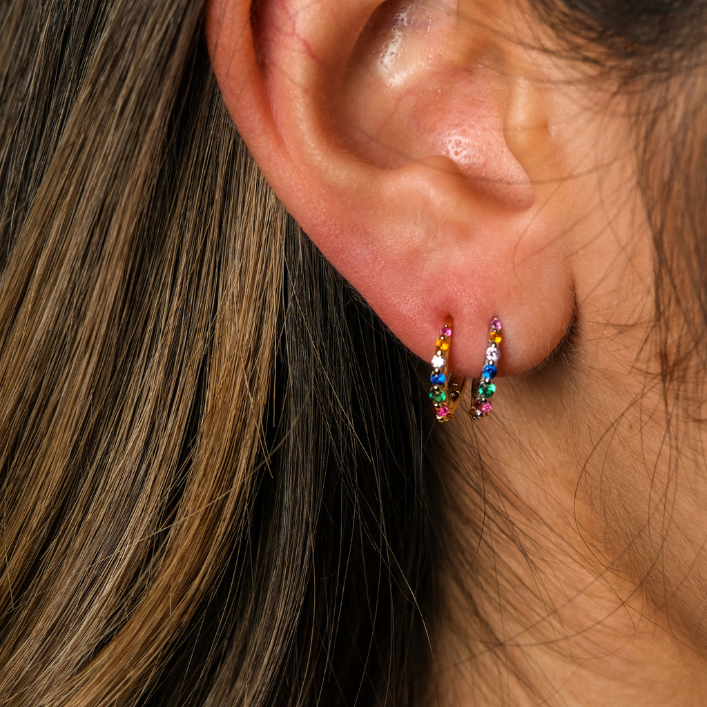 Multicolored CZ Tiny Hoop Earrings Rainbow Shiny 18K Gold Huggie Hoops by Doviana