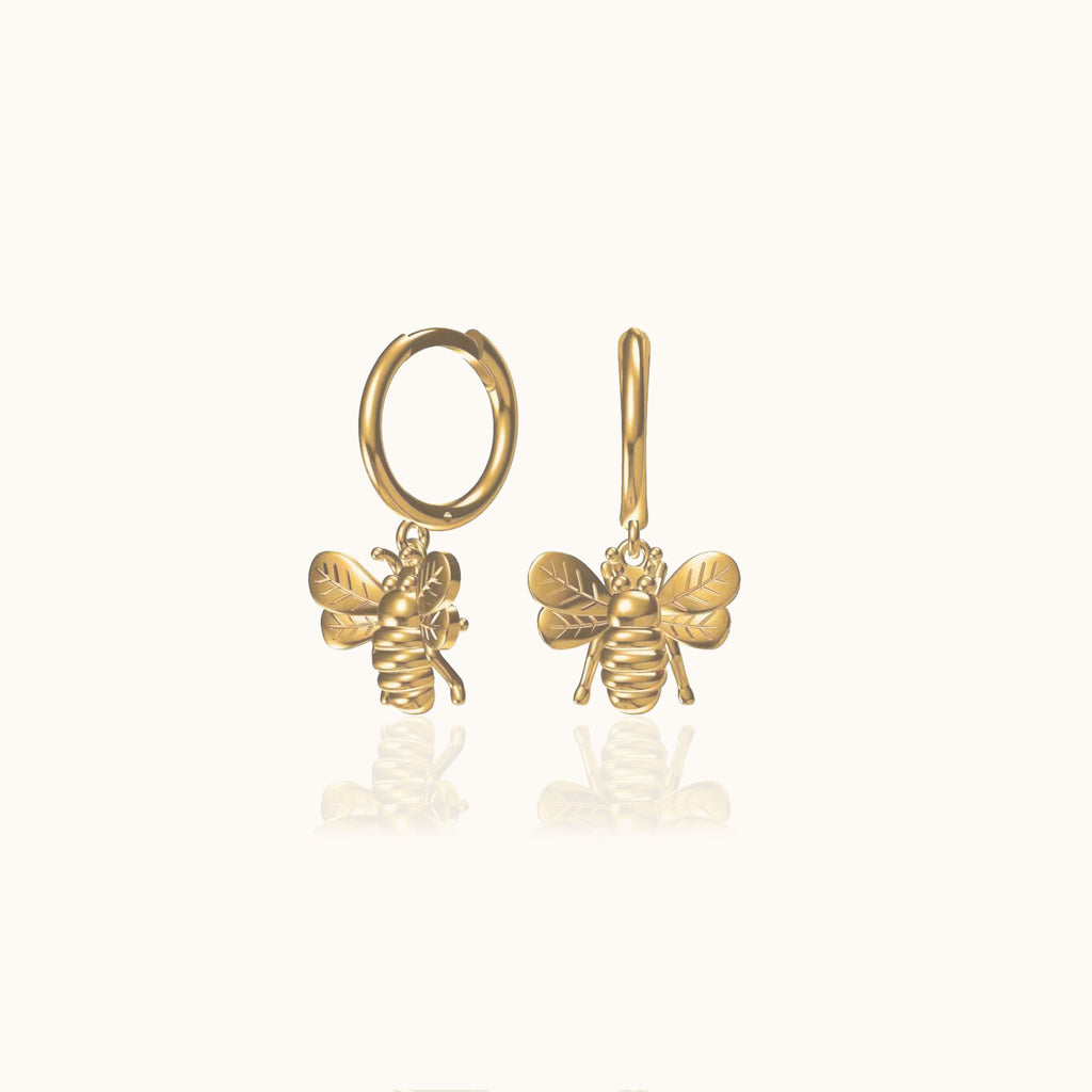 Tiny Gold Bumble Bee Dangle Drop Animal Charm Dainty Bee Hoop Earrings by Doviana