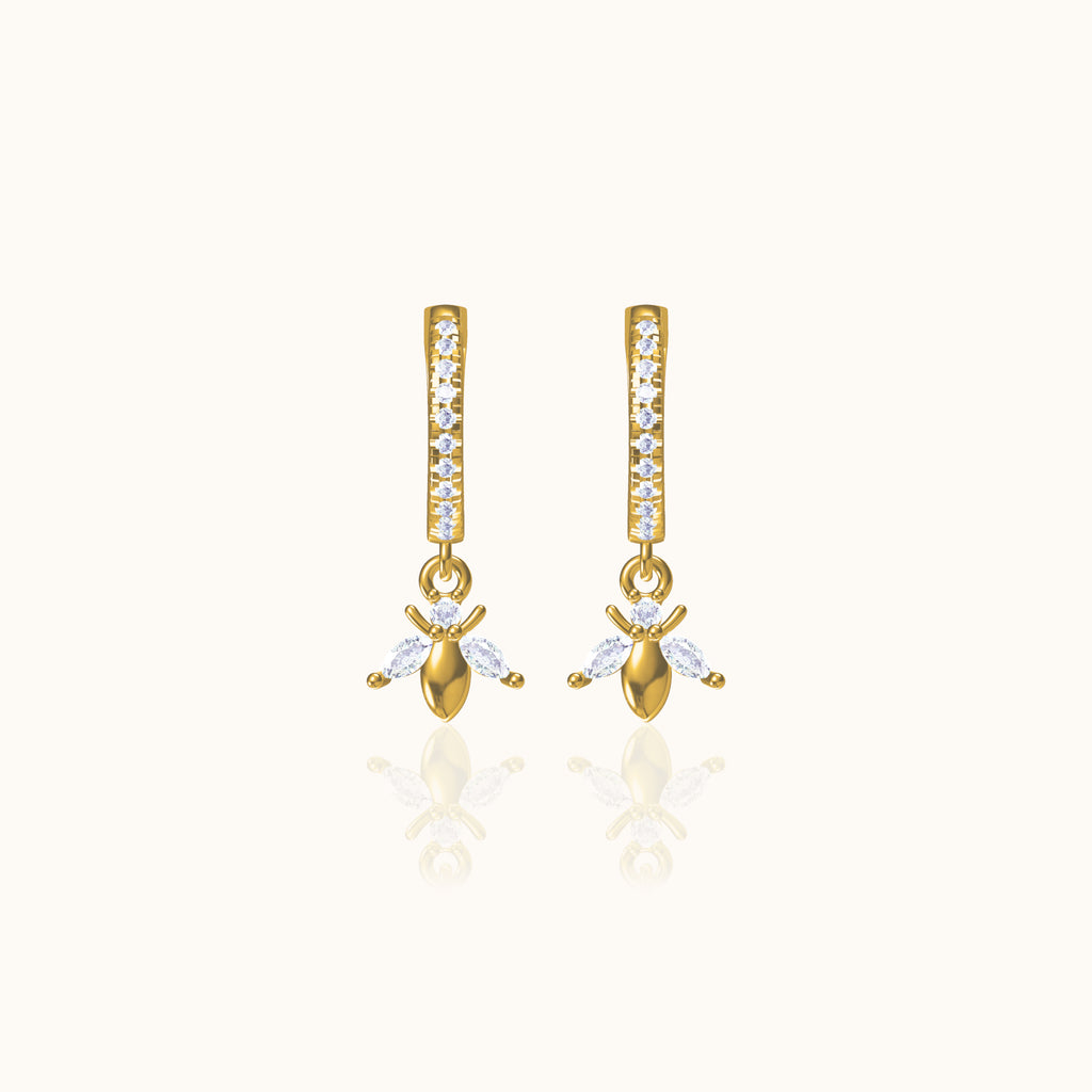 Tiny Gold Bumble Bee Dangle Drop Dainty Bee Hoop Earrings with White Stone by Doviana