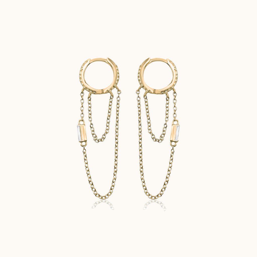 Double Layer Dangle Drop Tassel Dainty Gold Chain Hoop Earrings with White Stone by Doviana