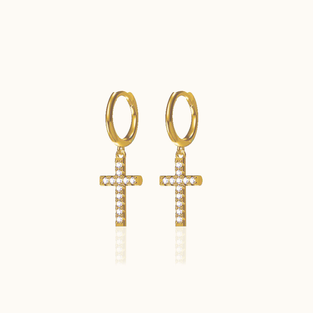 Dangle CZ Cross Hoop Earrings Gold Hanging Studded Cross Earring by Doviana