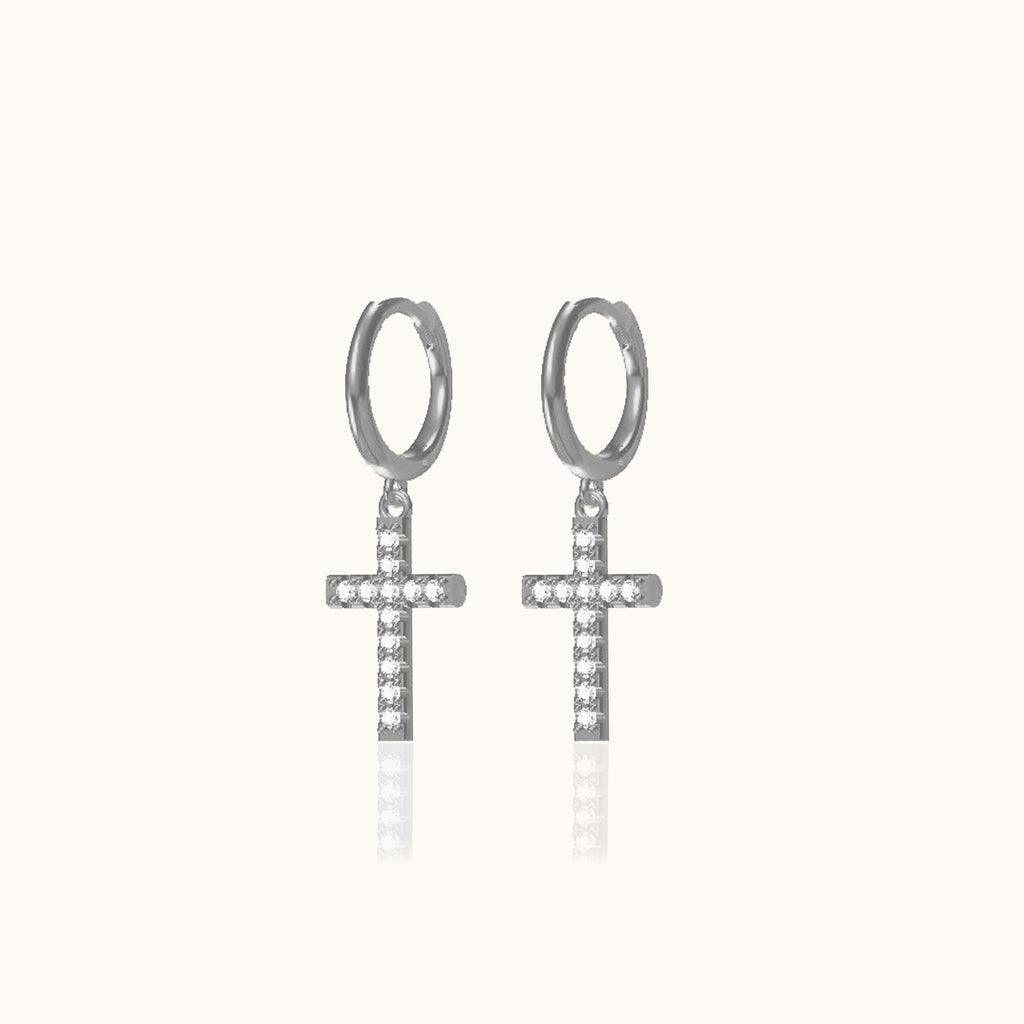 Dangle CZ Cross Hoop Earrings 925 Sterling Silver Hanging Studded Cross Earring by Doviana
