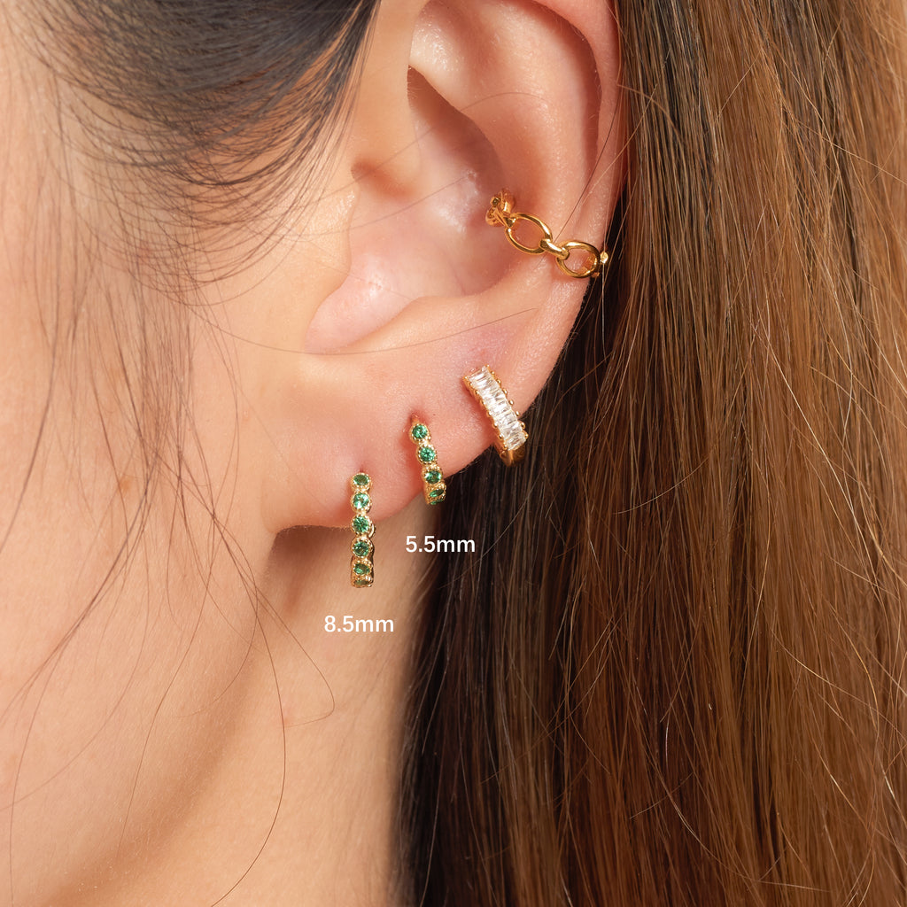 Emerald Green Beaded Gold CZ Huggie Hoops Earrings Size 12mm for Daily Wear by Doviana