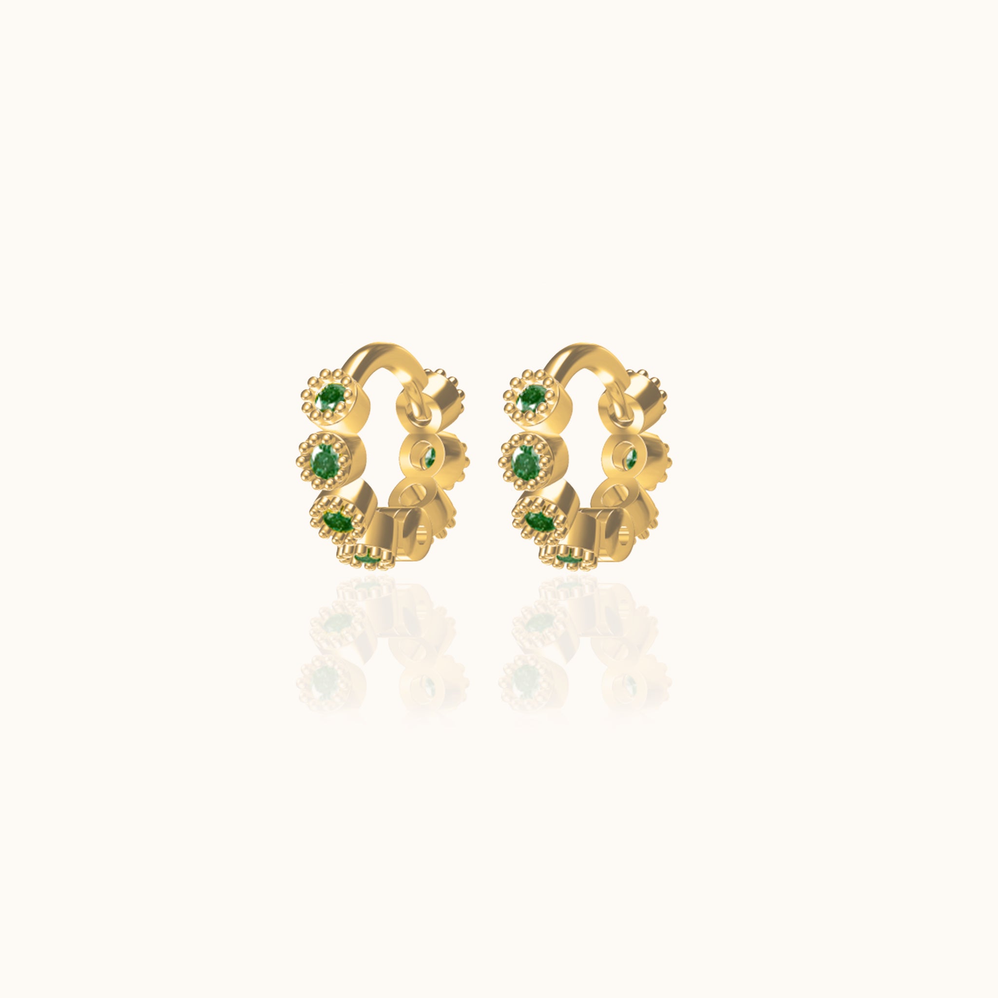 Tiny Emerald Green CZ Mini Bead Bezel Set Gold Huggie Hoop Earrings by Doviana