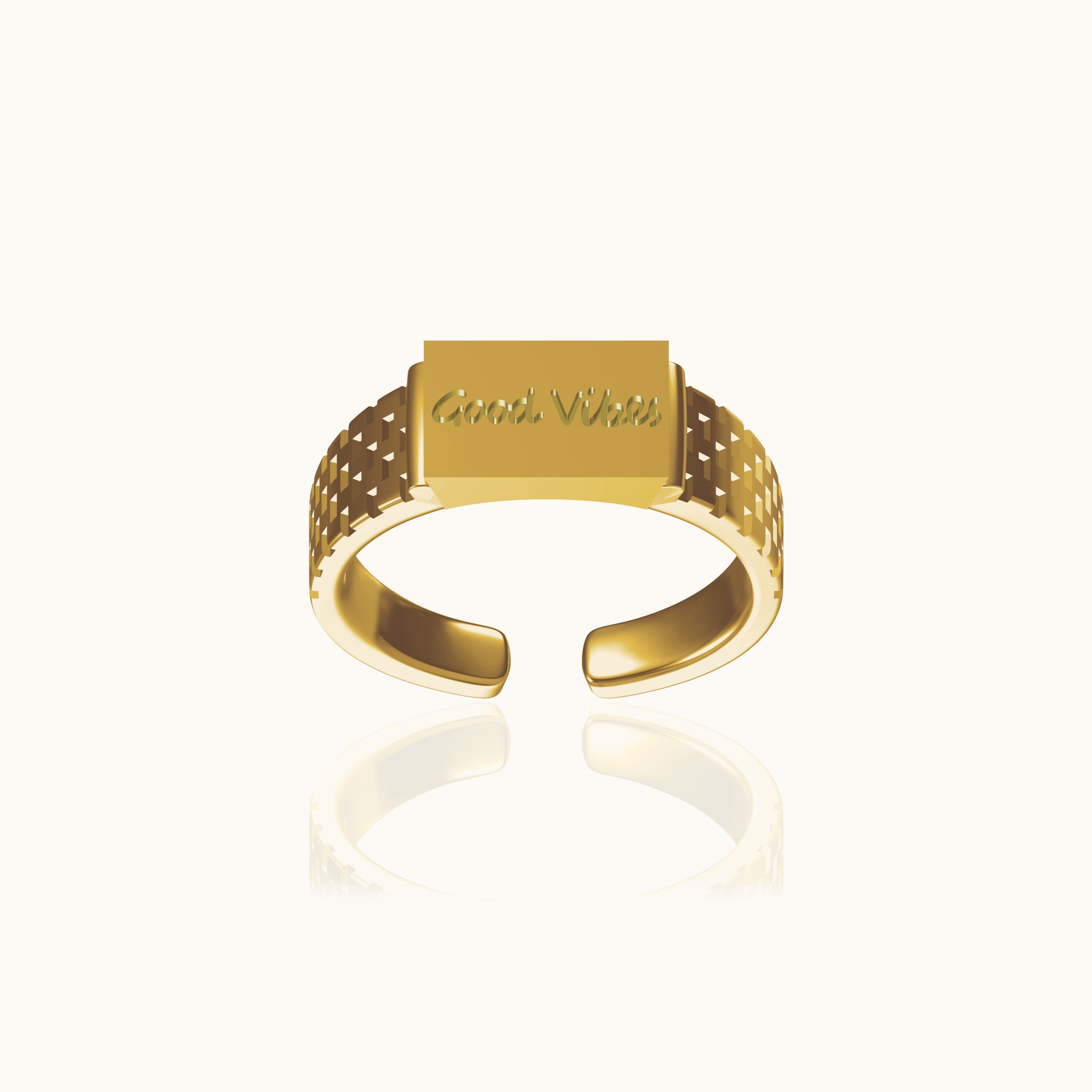 Adjustable Statement Signature Thick Gold Band Good Vibes Cubic Engraved Ring by Doviana