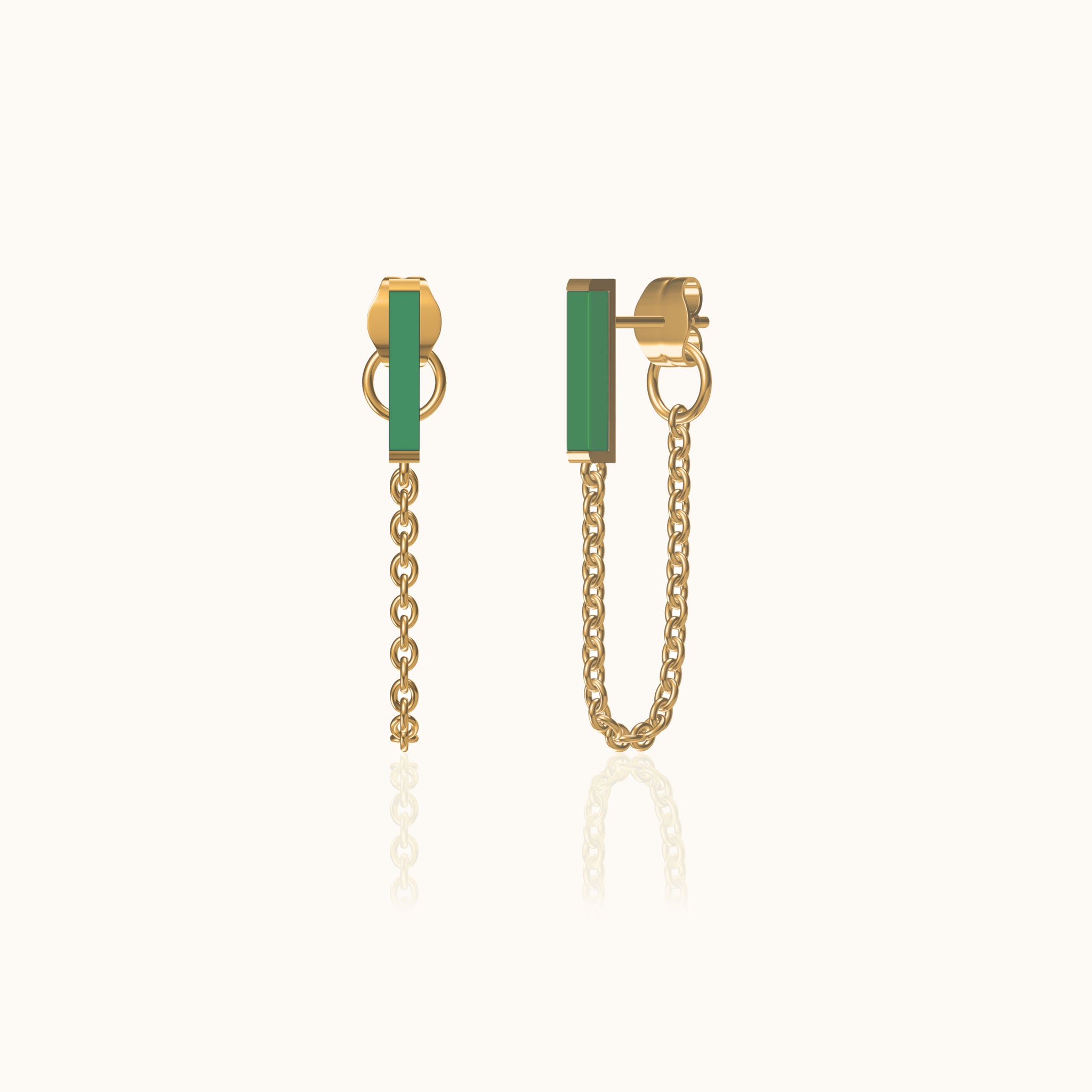 Jade Dangle Chain Gold Stud Earrings Square Green Natural Genuine Real Jade by Doviana