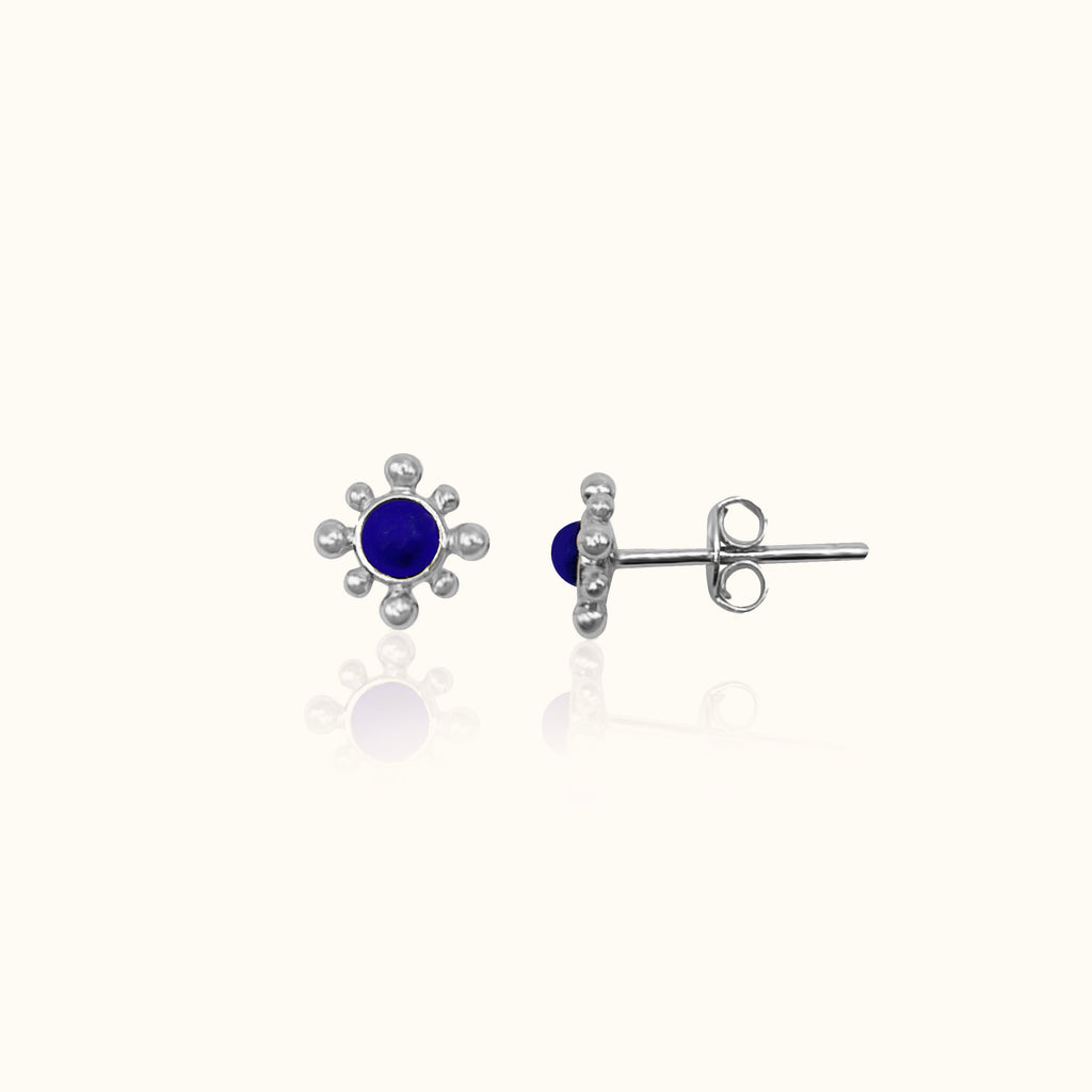 Petite Blue Gemstone Sun Shape 925 Sterling Silver Studs Lapis Lazuli Stud Earrings by Doviana