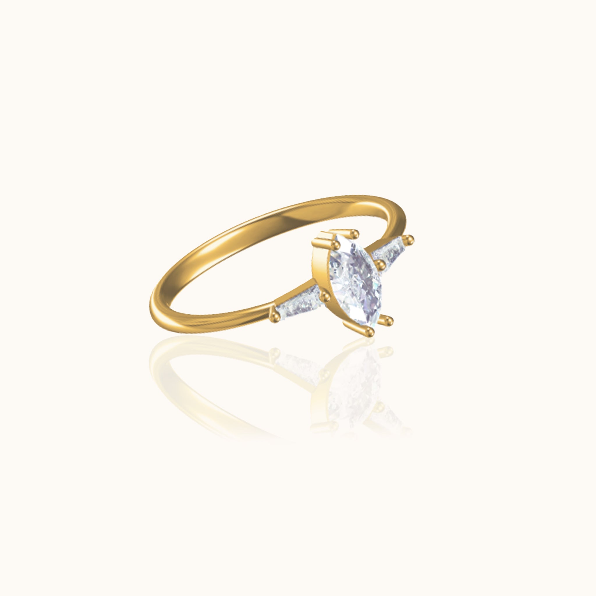 Gold Slim Band White Gem Four Prong Shiny Marquise Cut CZ Ring by Doviana