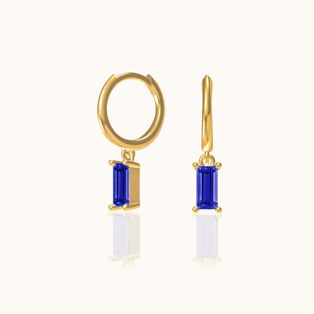 Gemstone Emerald Cut Gold Dangle Huggie Hoops Midnight Blue CZ Charm Hoop Earrings by Doviana