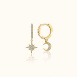 Petite Gold Crescent Charm Moon & Star Celestial Huggie Hoops by Doviana