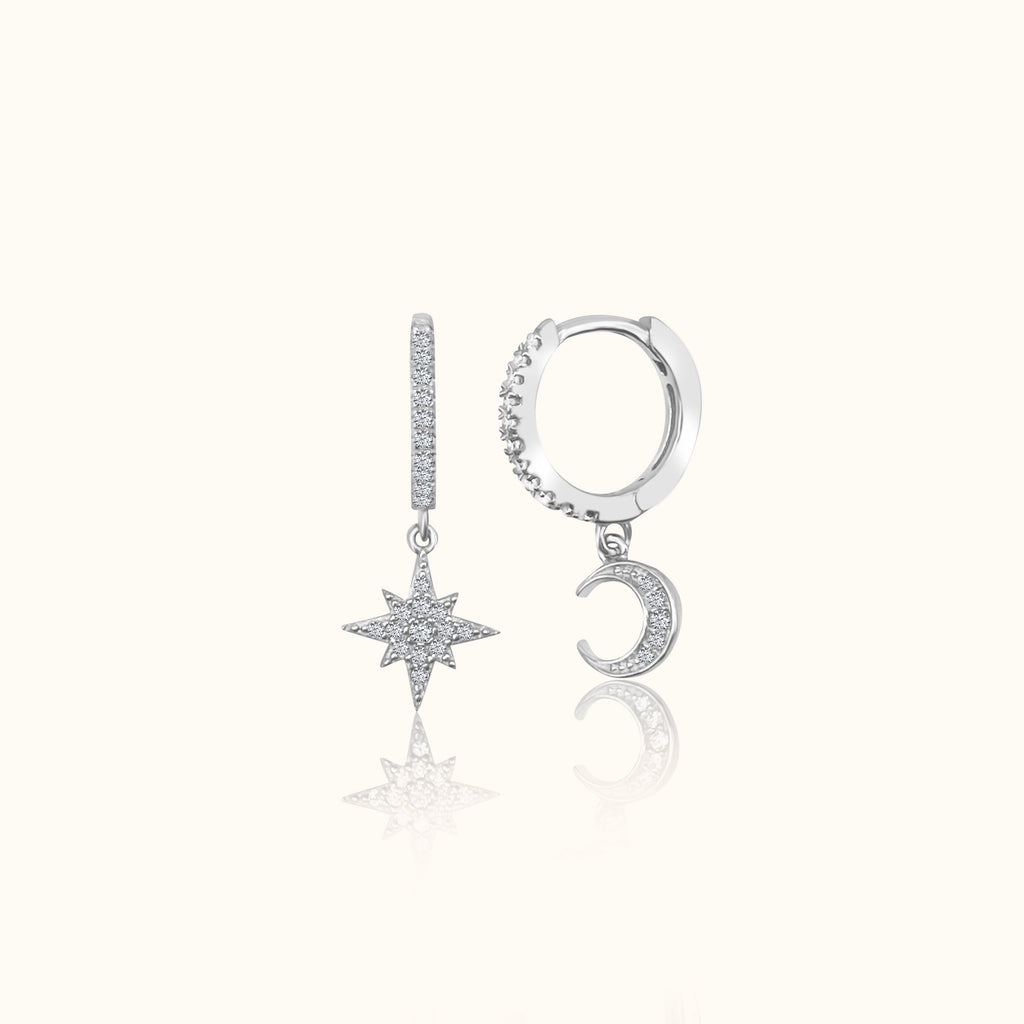 Petite 925 Sterling Silver Crescent Charm Moon and Star Celestial Huggie Hoops by Doviana