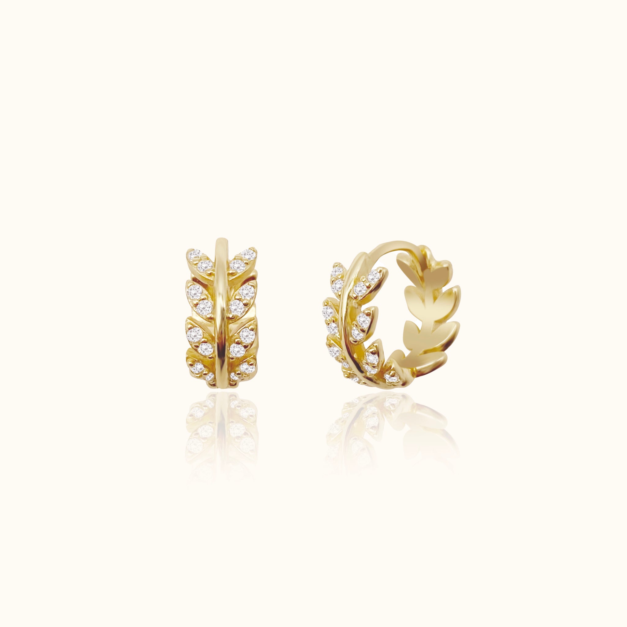 Olive Branch Diamond Huggie Hoop Earrings Gold Leaves Hoops by Doviana