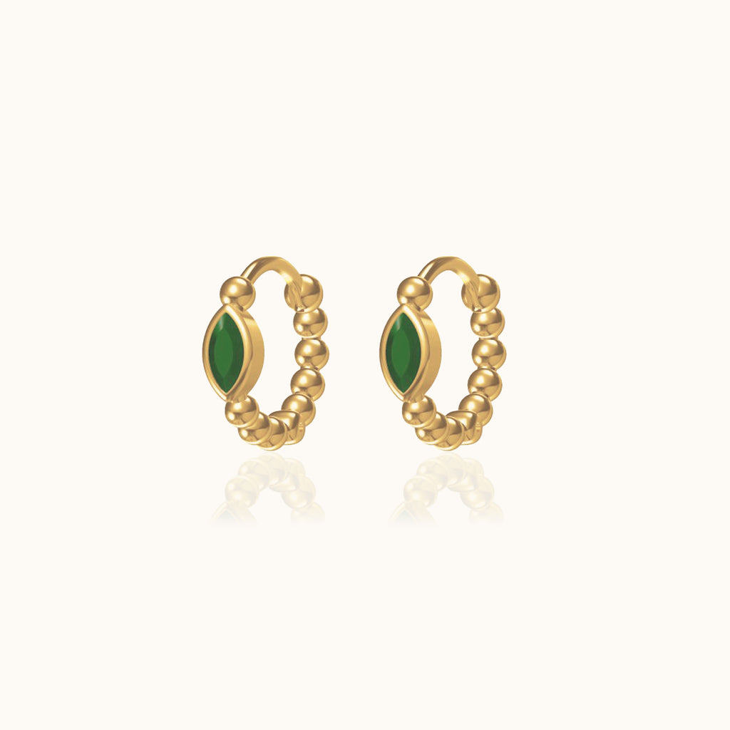 Petite Emerald Gold Huggie Hoops Oval Green CZ Bead Hoop Earrings by Doviana