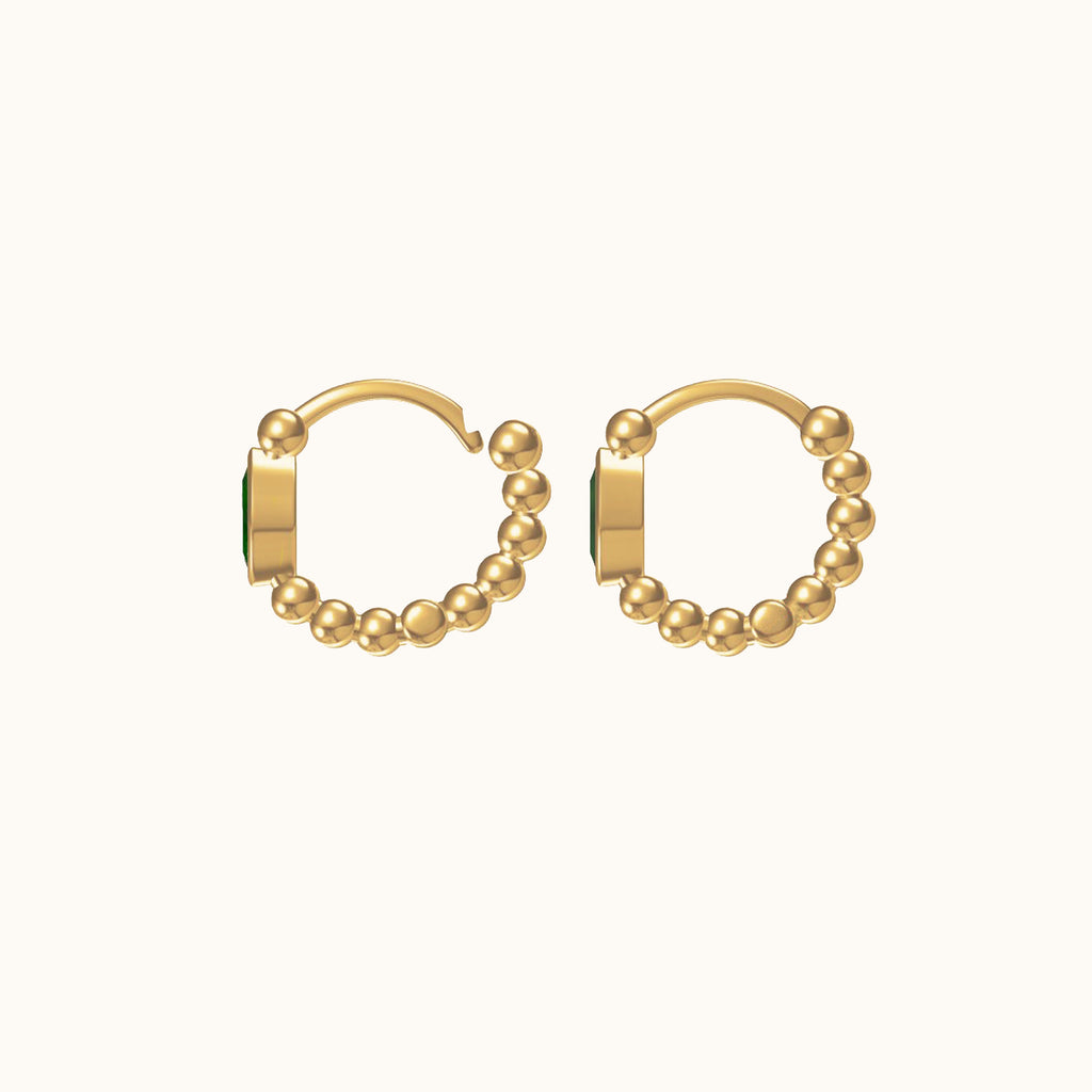 Petite Emerald Gold Huggie Hoops Oval Green CZ Bead Hoop Earrings by Doviana