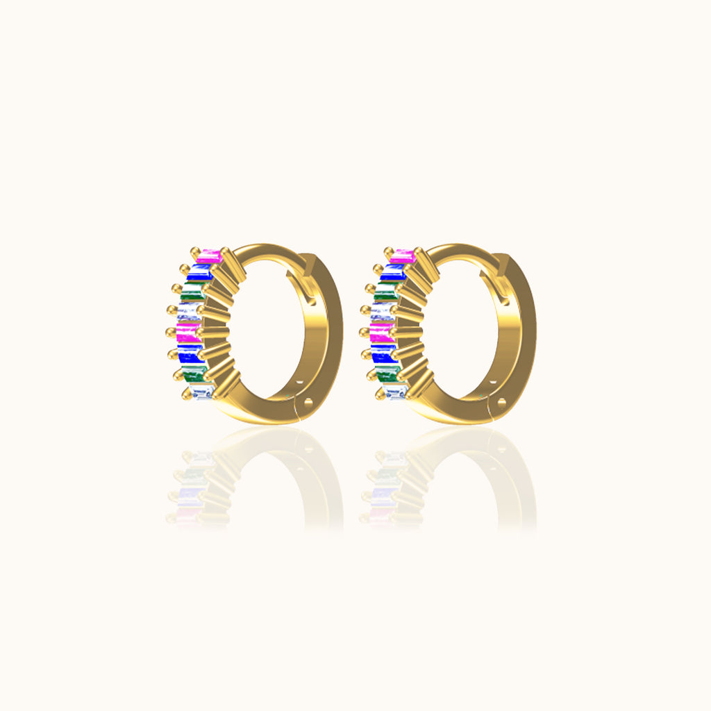 Rainbow Colored Gold Baguette CZ Pave Huggie Hoops Earrings Best Gay Gift by Doviana