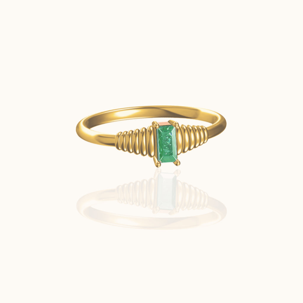 Gold Band Four Prong Baguette Emerald Cut Retro Solitaire Green CZ Ring by Doviana