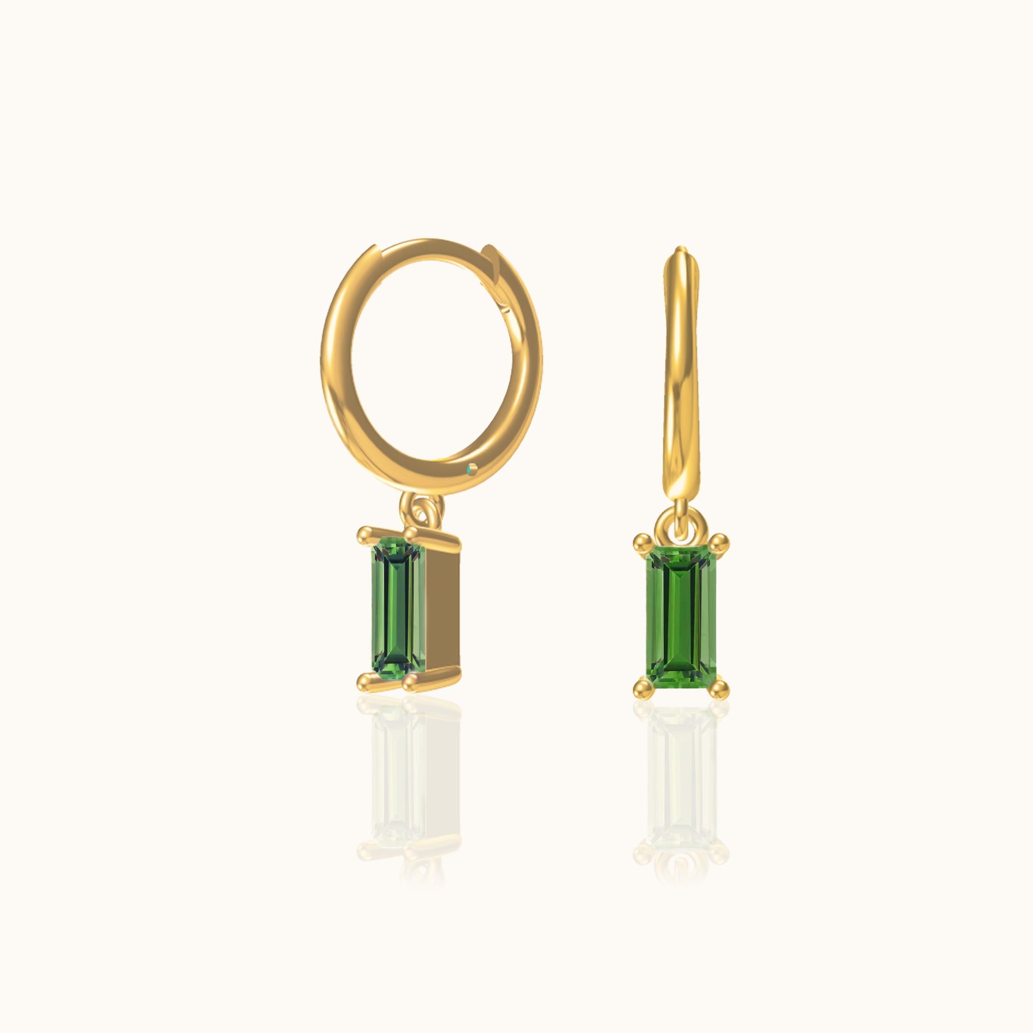 Emerald Cut Cubic Zirconia Charm Drop Shamrock Green CZ Dangle Gold Huggie Hoop Earrings by Doviana