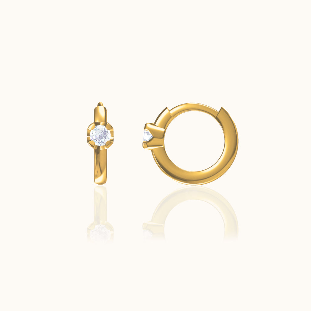 Solitaire CZ Embellished Gold Huggie Hoops Simple Round Gem Hoop Earrings by Doviana