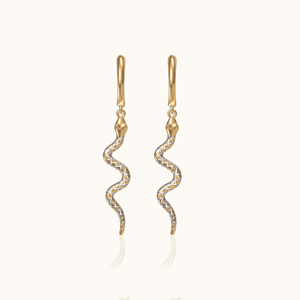 Serpent Charm Long Drop Large Gold Snake Dangle Huggie Hoop Earrings by Doviana