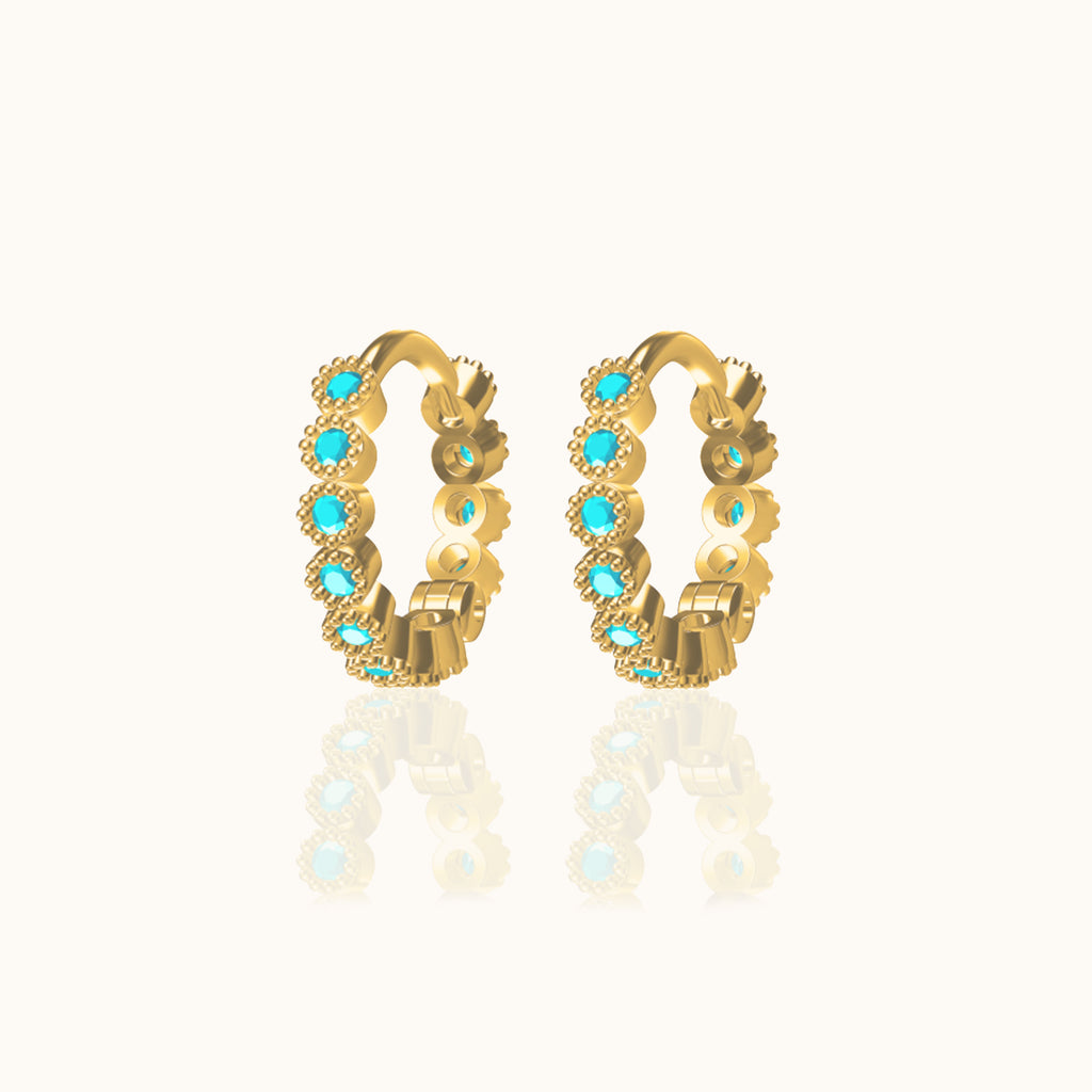 Beaded Bezel Cut CZ Gold Huggie Hoops Blue Turquoise Bead Hoop Earrings by Doviana