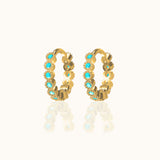 Beaded Bezel Cut CZ Gold Huggie Hoops Blue Turquoise Bead Hoop Earrings by Doviana