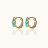 Turquoise Pave Classic Gold Baguette Huggie Hoop Earrings Blue Green Stone by Doviana