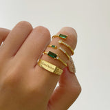 Slim Gold Band Adjustable Petite Emerald Cut Green and White CZ Open Ring by Doviana